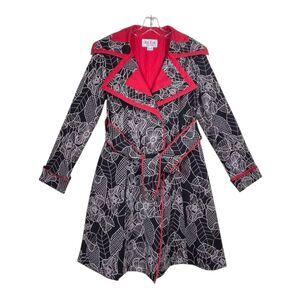 An Ren Black Red Floral Linen Long Coat Size Medium Belted Statement Piece